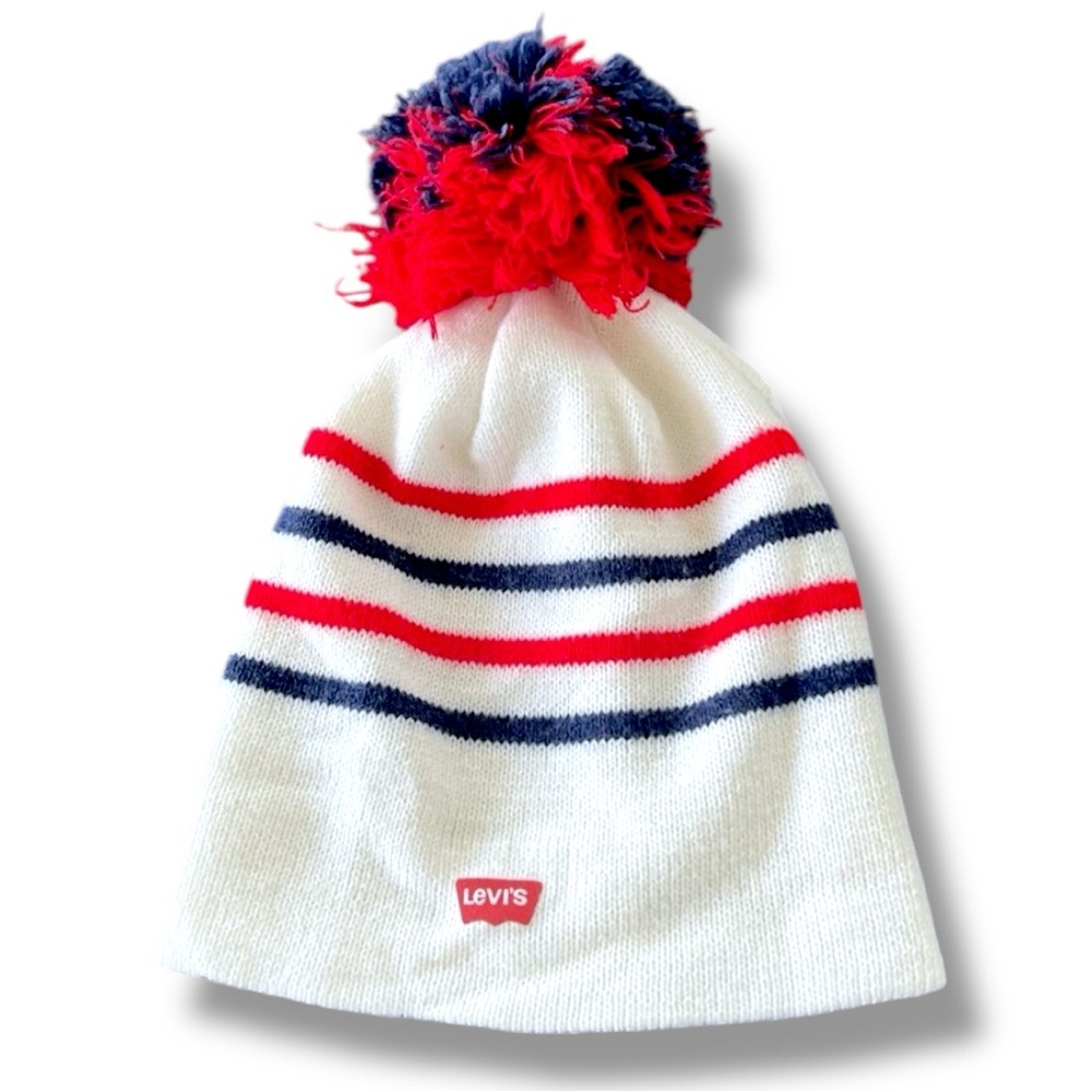Vintage Levi’s Beanie Hat Red White Blue Striped Pom Winter Knit Retro